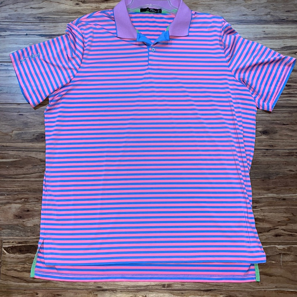 RLX Ralph Lauren Mens Golf Polo Striped Shirt Pink Blue Size XL